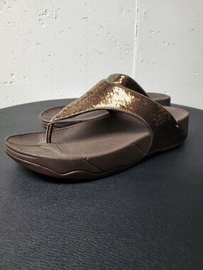 Fitflop Brown Sequin Thong Sandals with Metallic Shine Sz 9